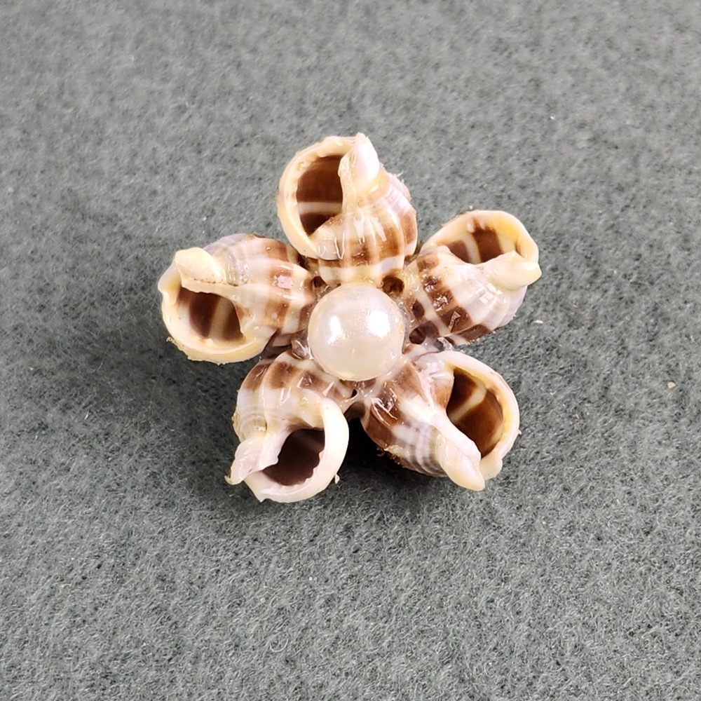 Vintage Handmade Sea Shell Floral Brooch Collar Pin Pearl Center